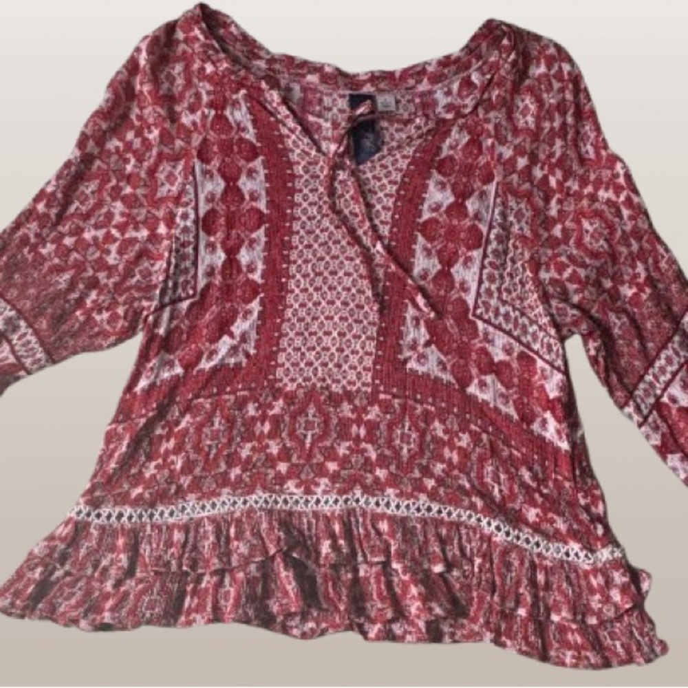 Blue Rain Red Peasant Boho Blouse Size Small 3/4 Sleeve
